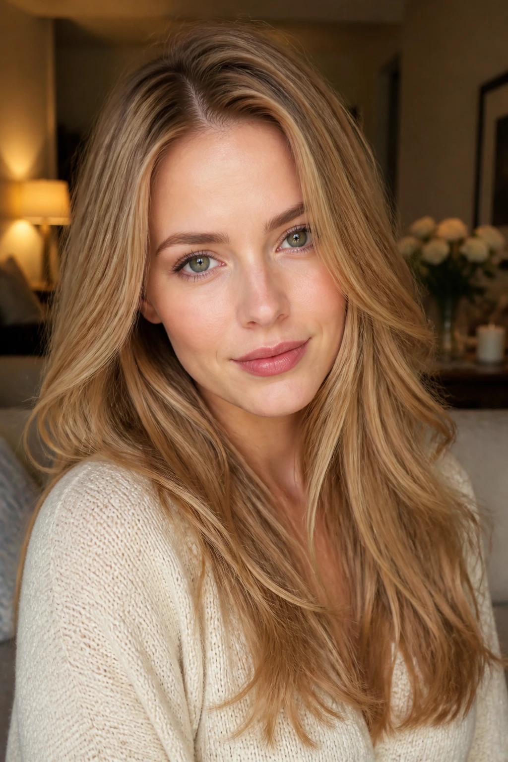 Close-up portrait of a real woman with amber blonde hair in a cozy living room