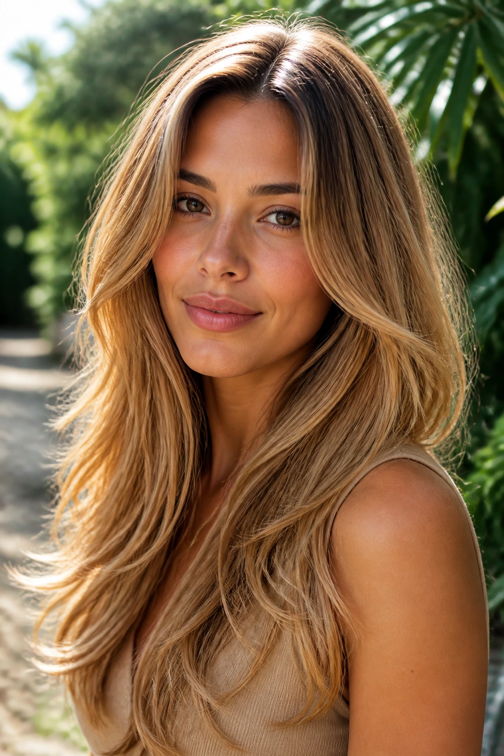 Close-up portrait of a real woman with amber blonde long layers on olive skin