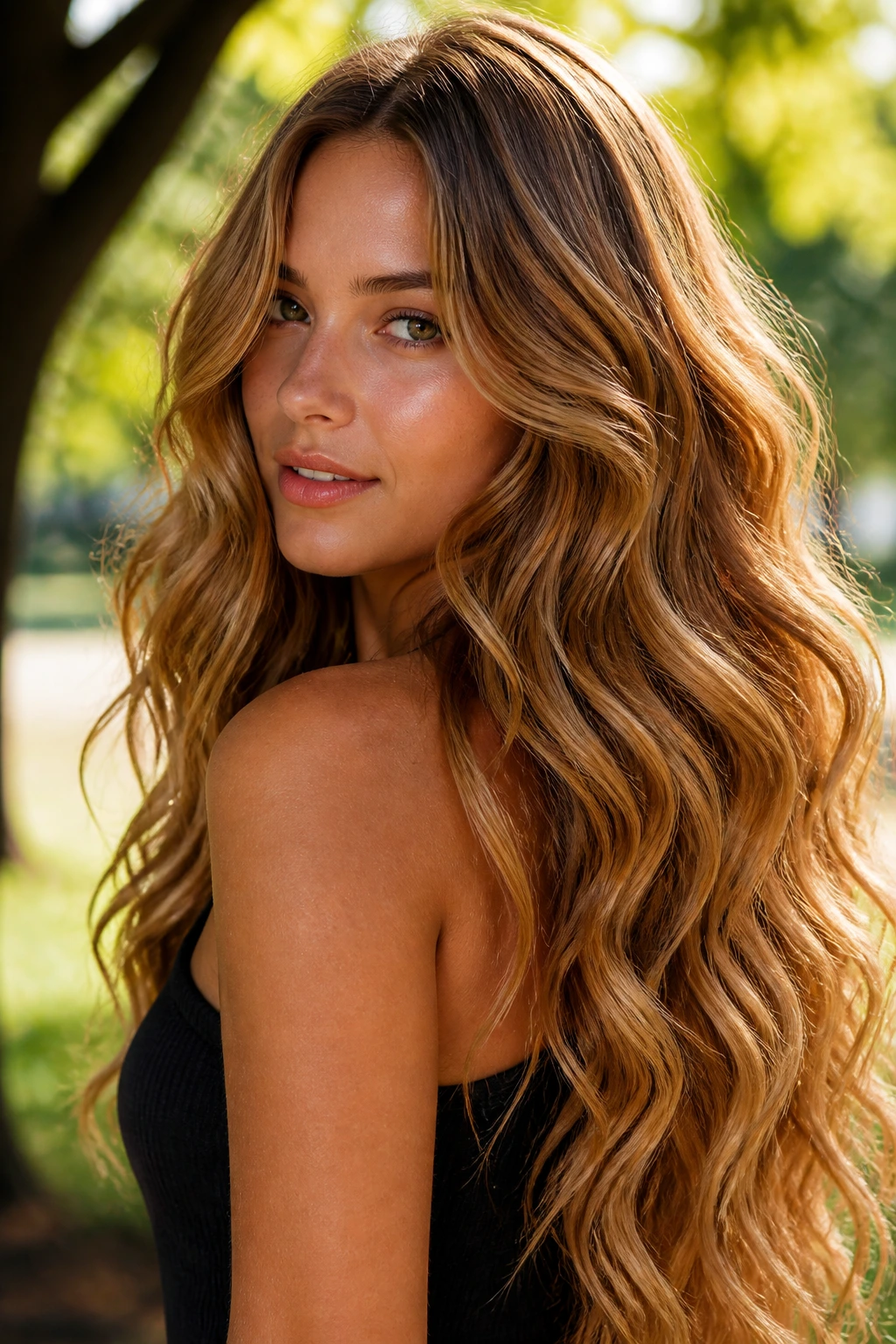 Close-up of a real woman with long amber-toned mermaid waves