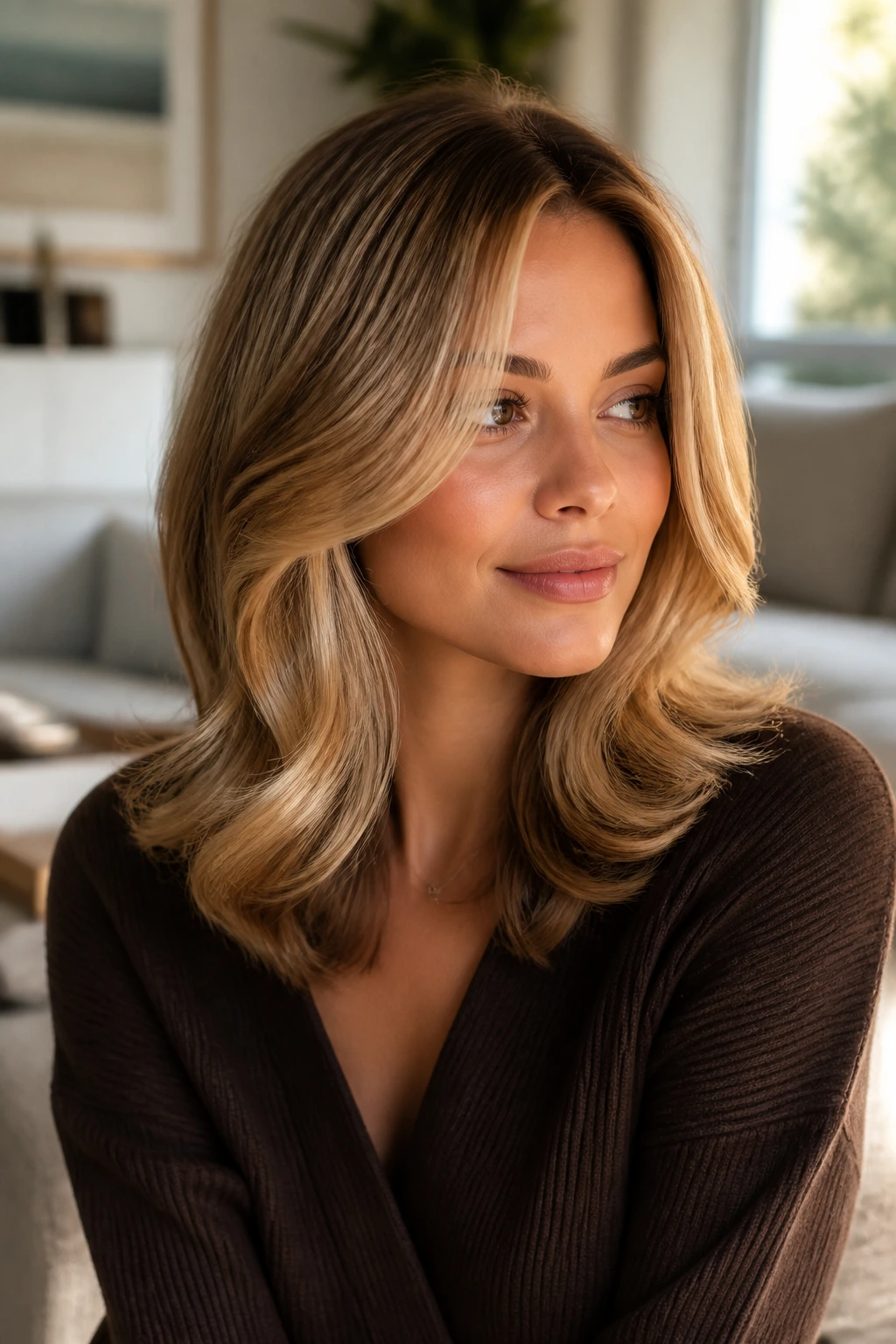 Three-quarter portrait of Amber Blonde Midi with Face-Framing Pieces on a real woman.