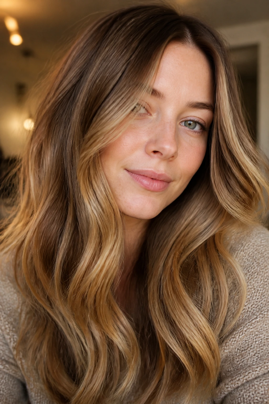 Portrait of amber bronde highlights on pale skin in warm light.