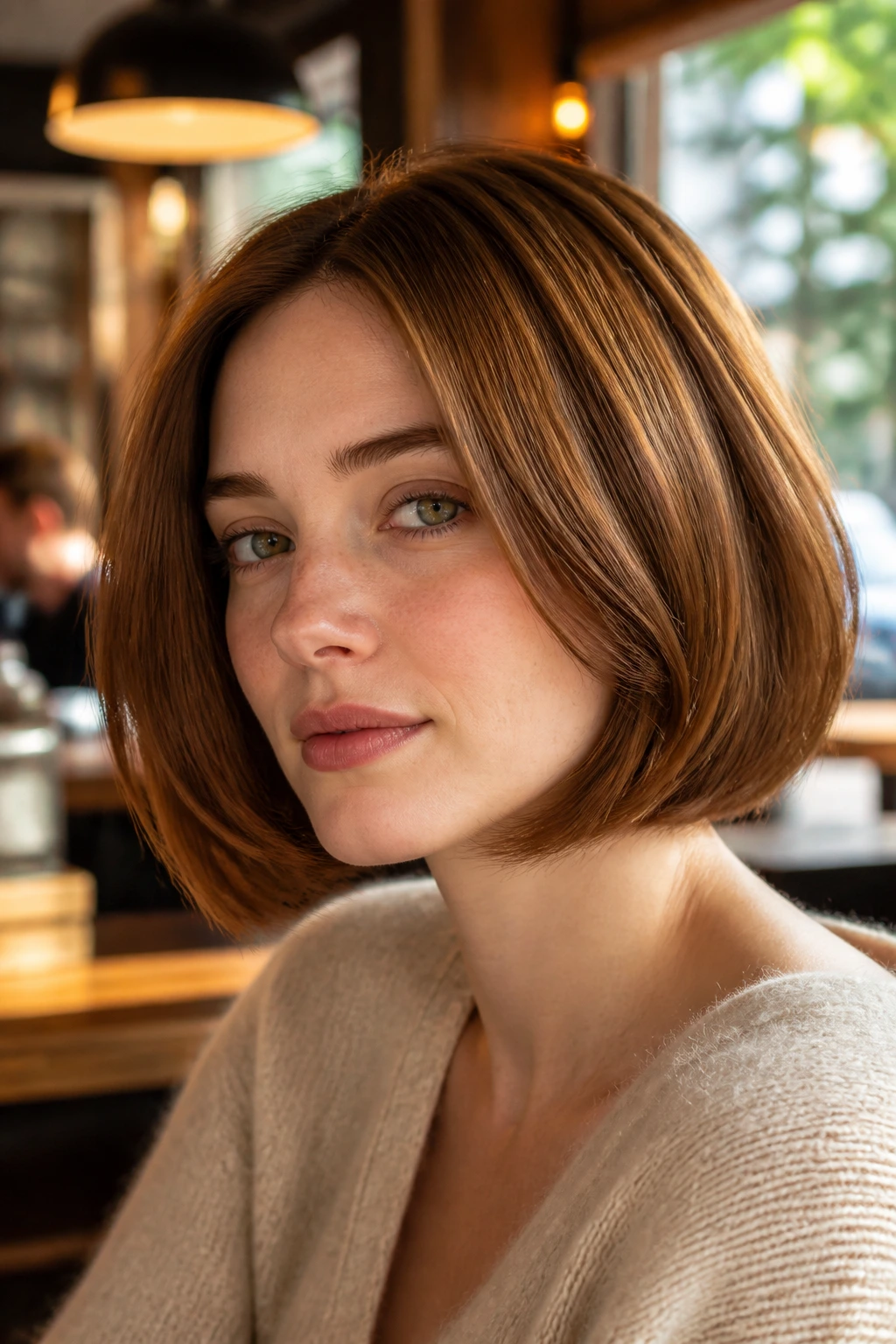 Close-up portrait of a real person with an amber-brown bob