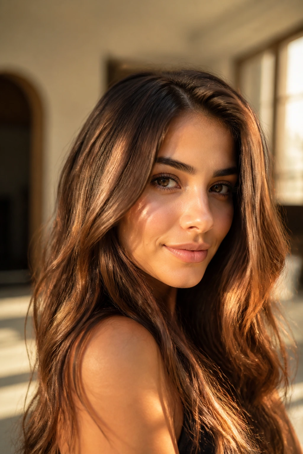 Portrait of a person with amber brown hair catching warm light