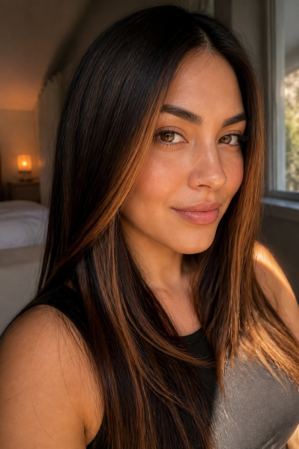 Close-up portrait of a real woman with amber-brown ribbon highlights through straight hair on olive skin