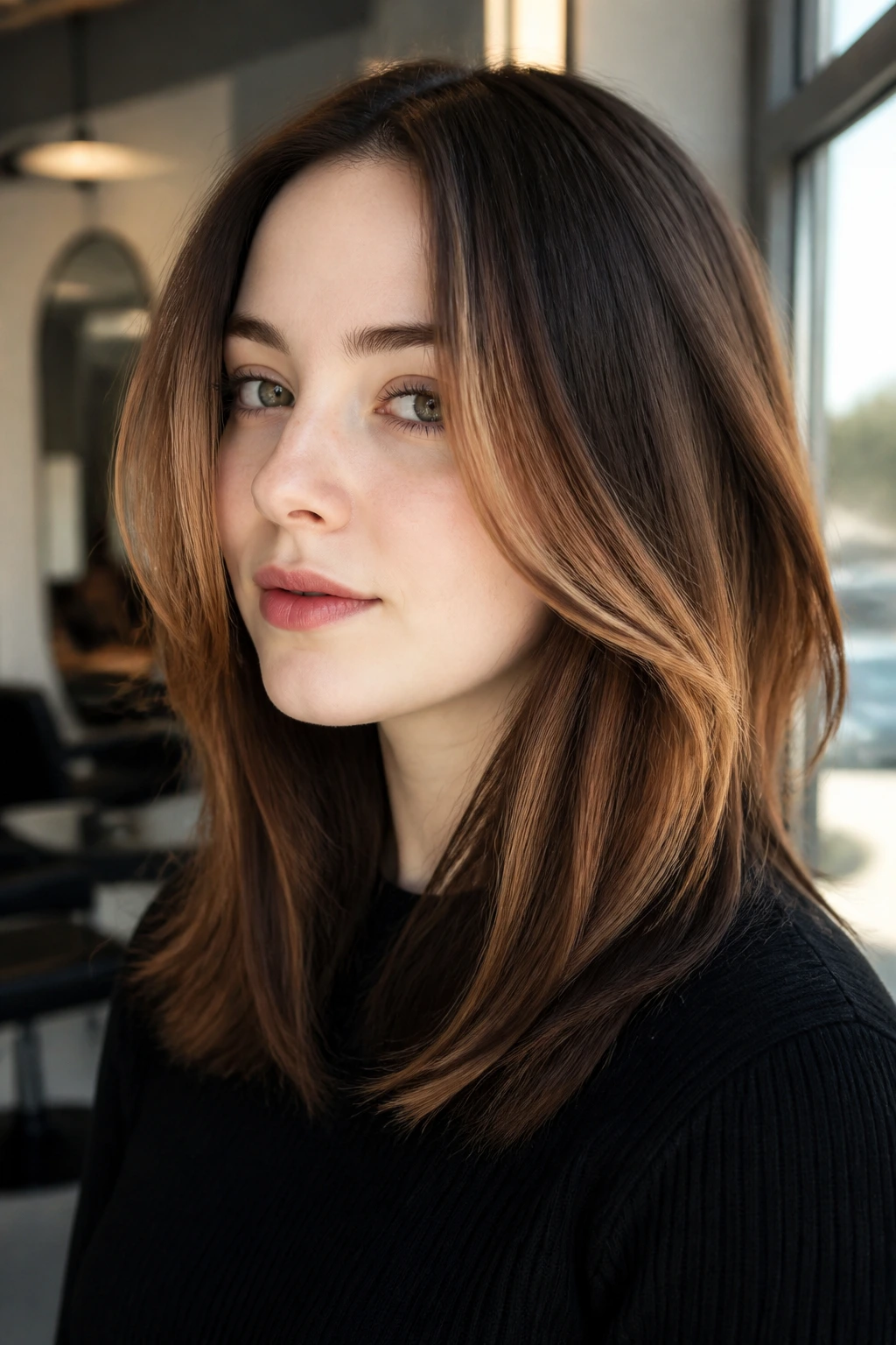 Medium close-up of a person with airy amber-brown slices around the face