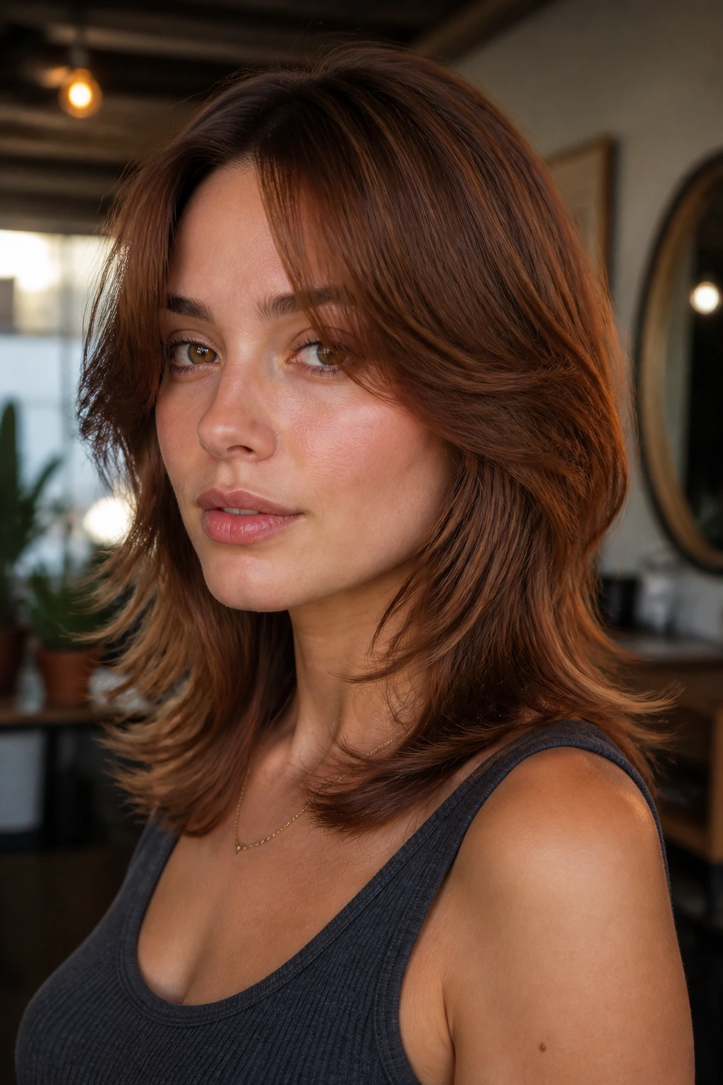 Woman with amber brown soft mullet and front face-framing pieces