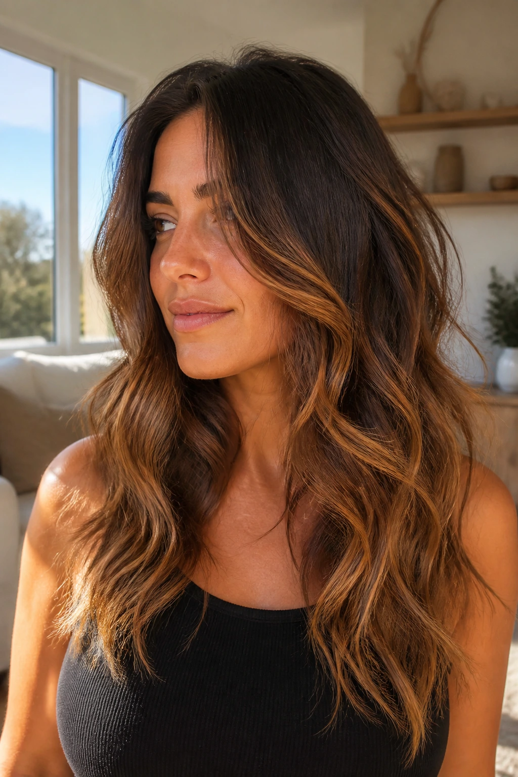 Close-up portrait of a woman with amber caramel cascade through dark brown waves
