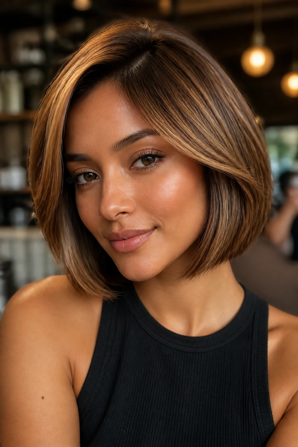 Close-up portrait of a real person with an amber-caramel bob on tan skin in warm light