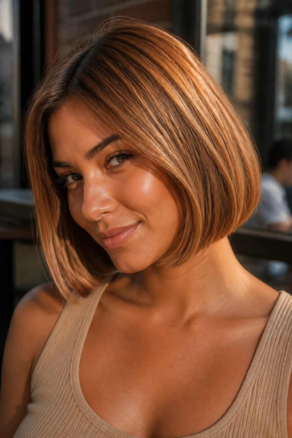 Close-up portrait of a real woman with amber caramel bob on tan skin