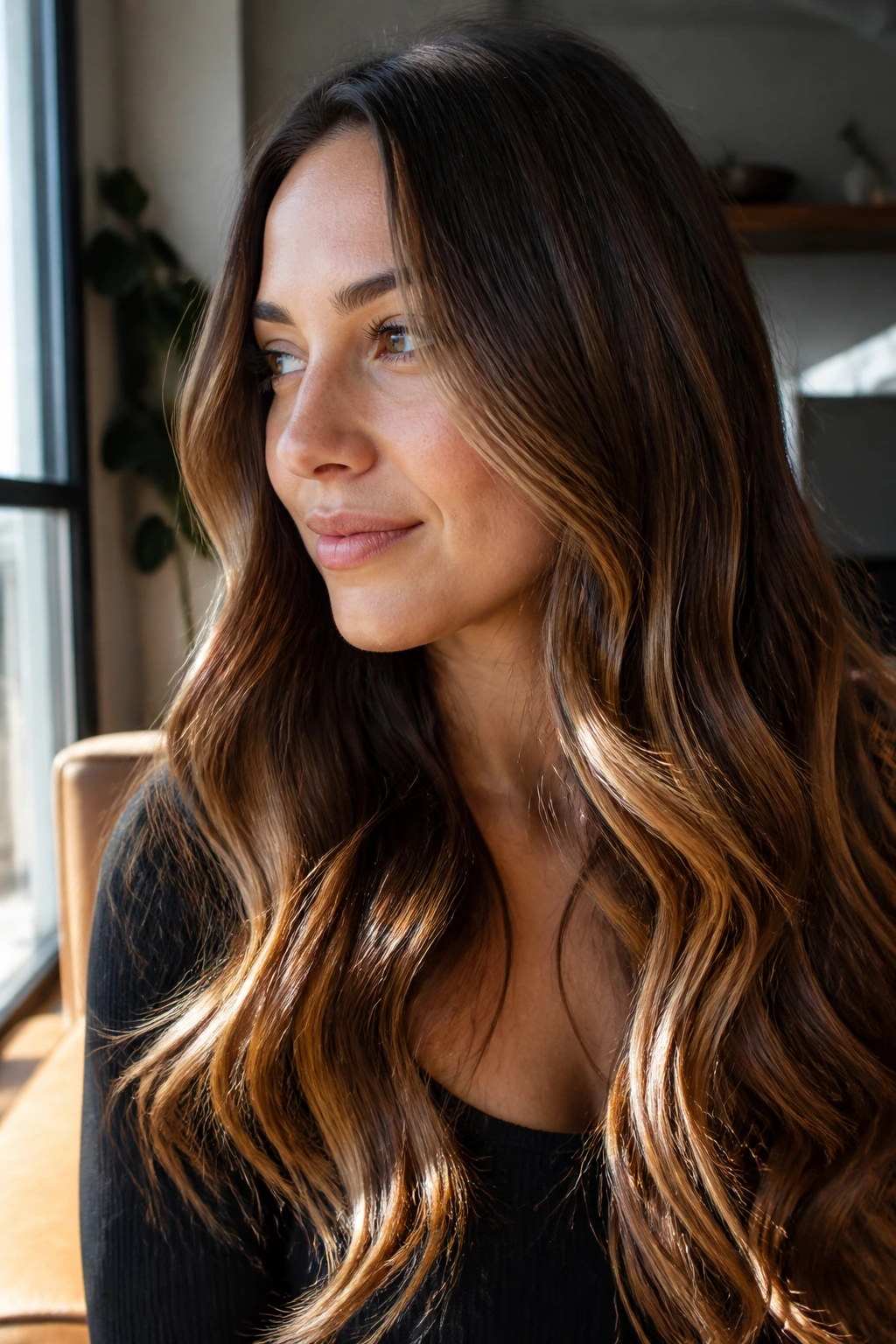 Brunette with amber caramel gloss and warm shine in sunlit room