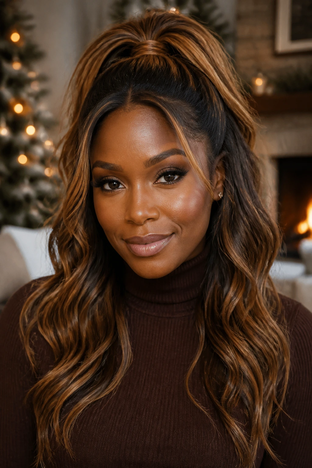 Close-up of a real woman with an amber caramel half-up ponytail