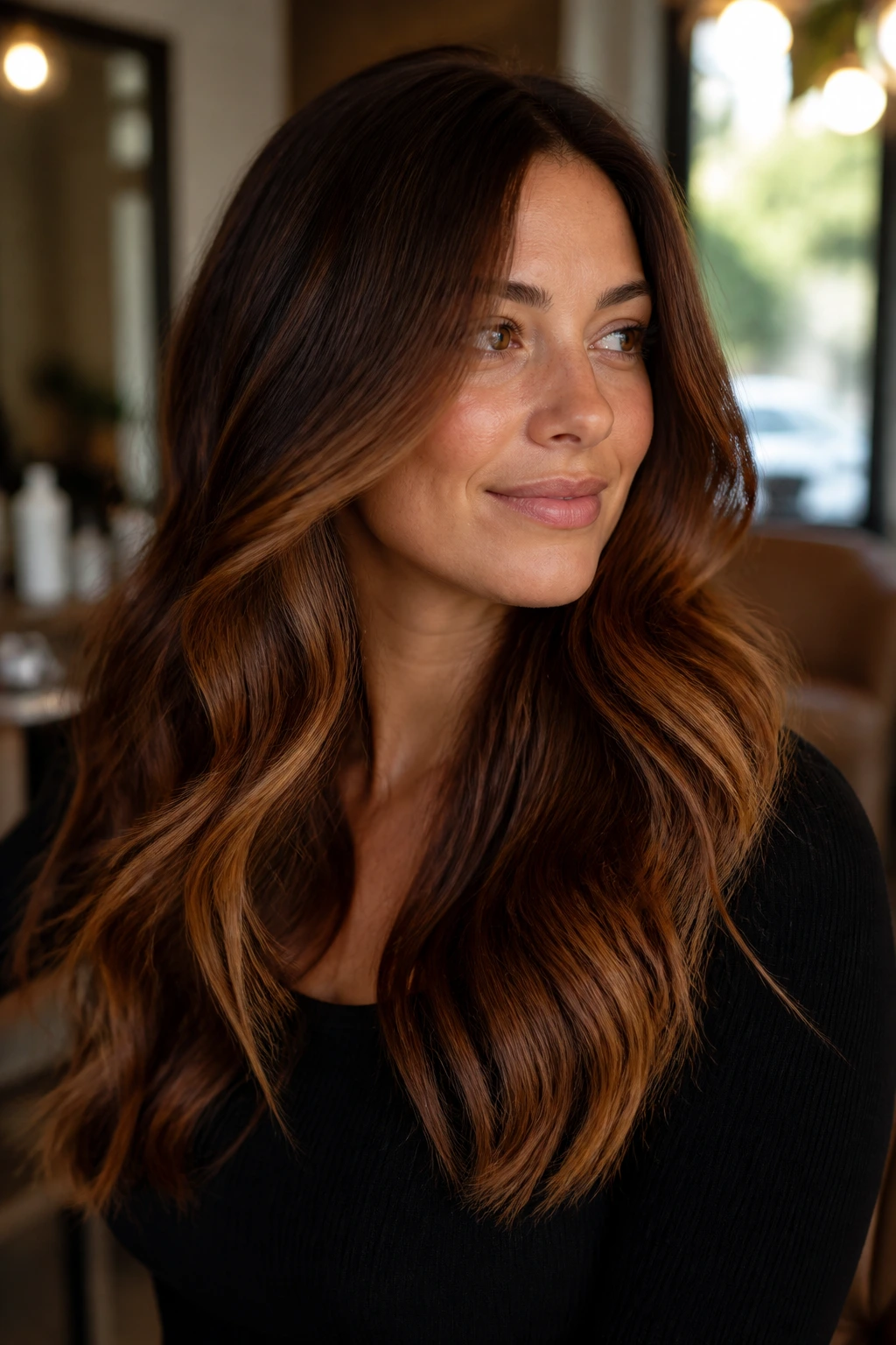 Close-up portrait of a real woman with amber chestnut balayage showing amber ribbons in warm light