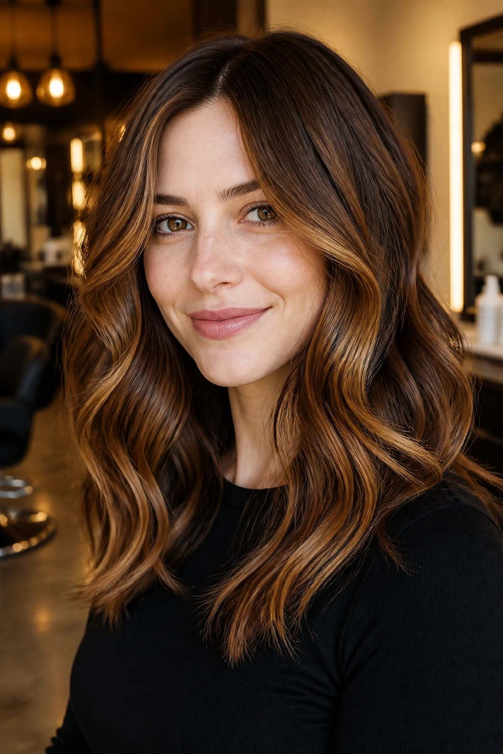 Real woman with amber and cocoa ribbons through mid-lengths in soft waves