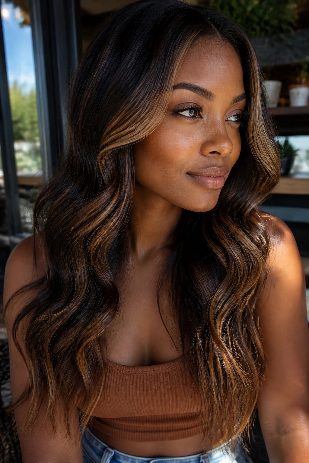 Close-up of a real person with amber contour highlights framing the cheekbone