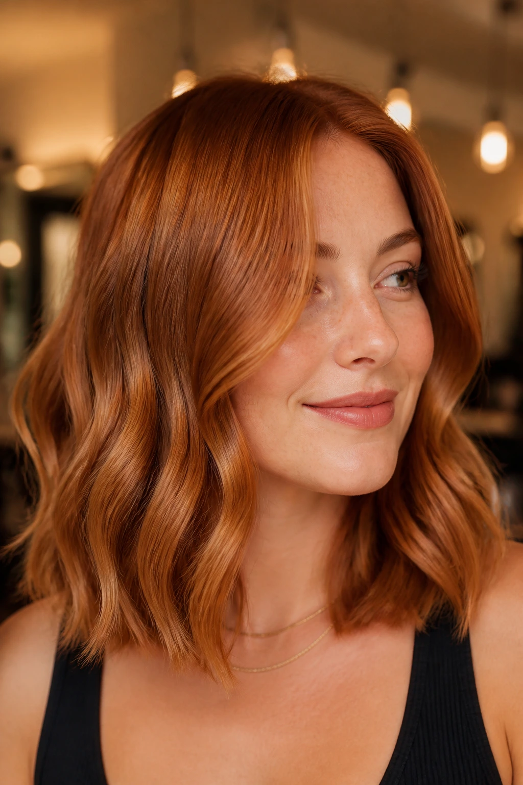 Close-up of a real person with amber copper glaze hair color in warm lighting