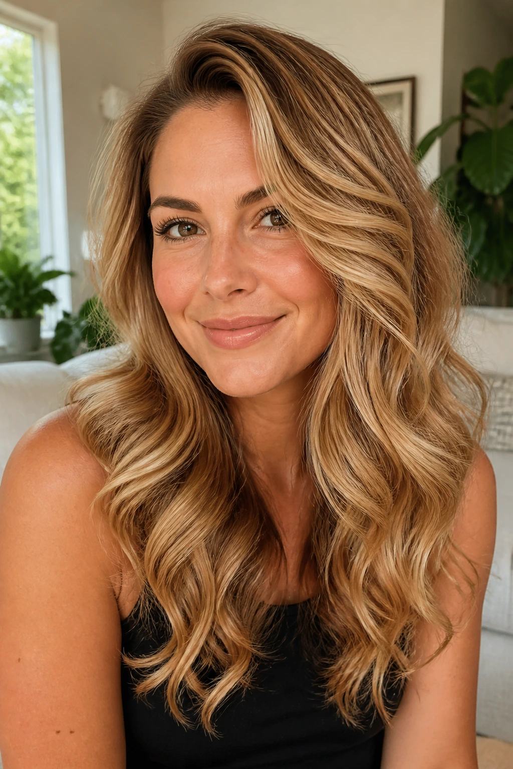 Close-up portrait of a real woman with side-part curls and amber dimension