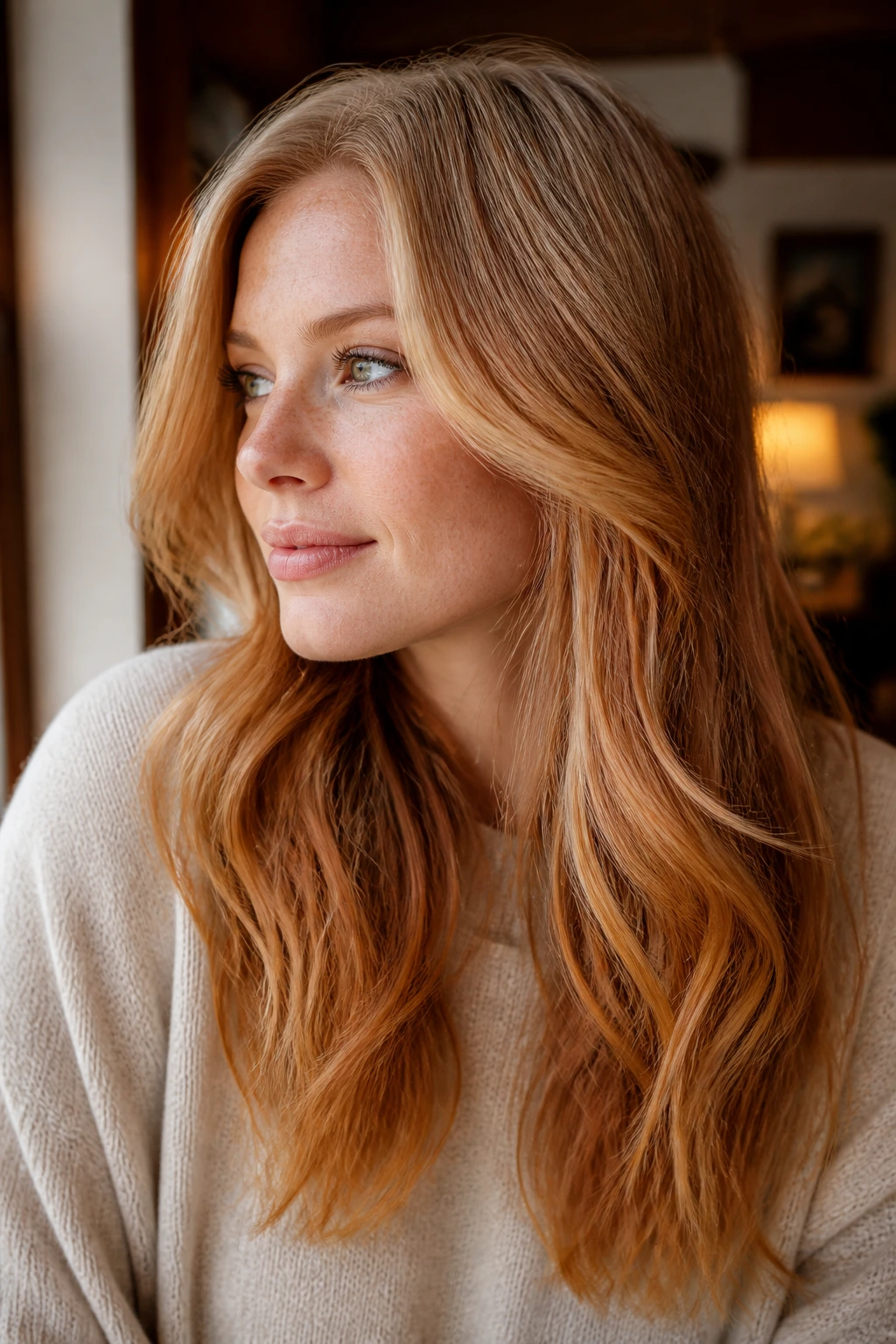 Close-up of a real woman with amber-ended dimension hair in warm living room light