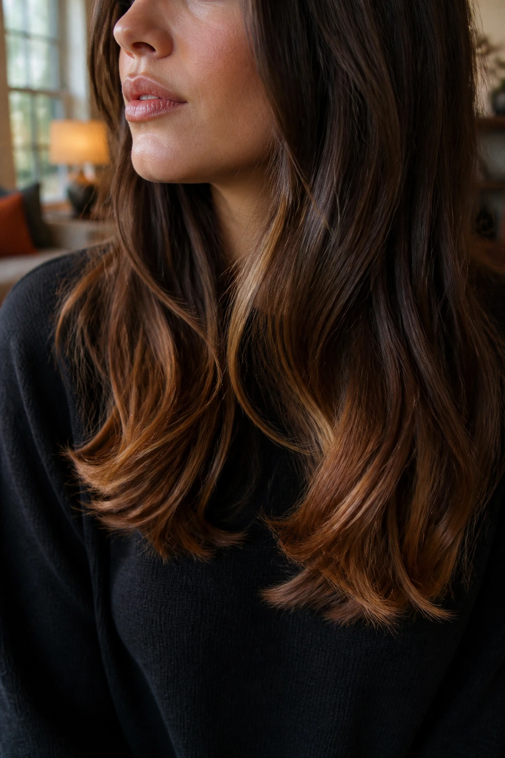Close-up portrait of a real woman showing amber brown ends on hair, warm window light.