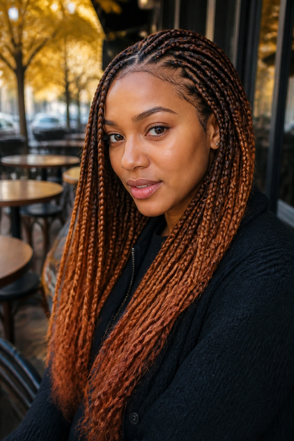 Real person with amber feed-in braids showing gradient from black roots to amber tips
