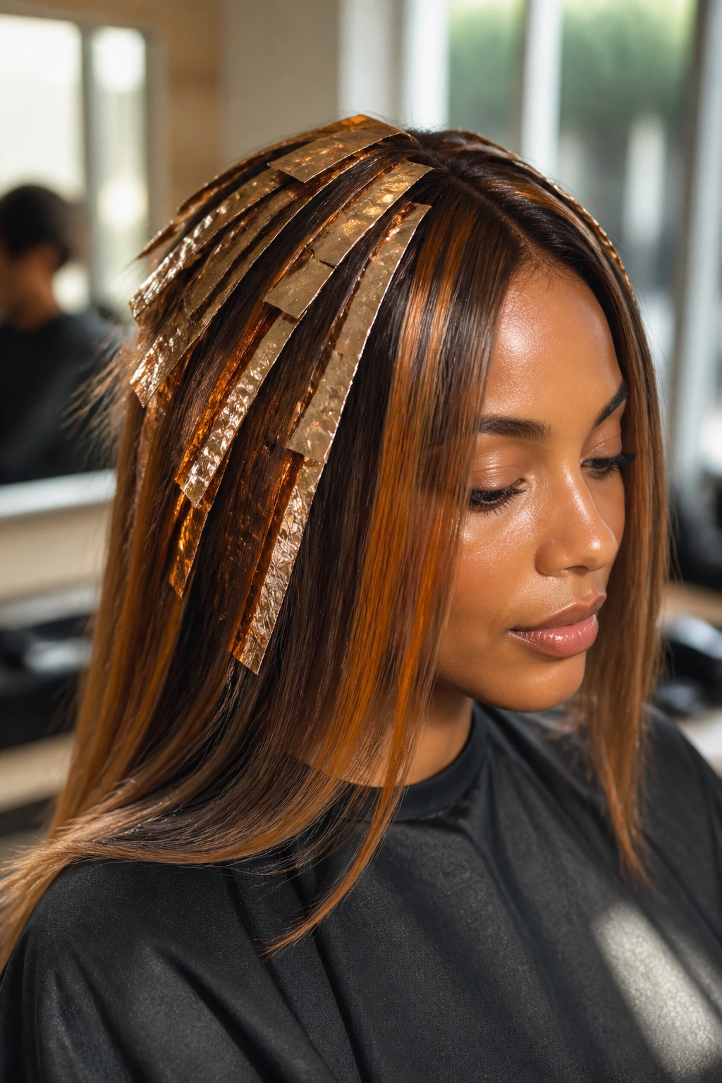 Close-up portrait of a real person with amber foils and glossy finish in straight hair