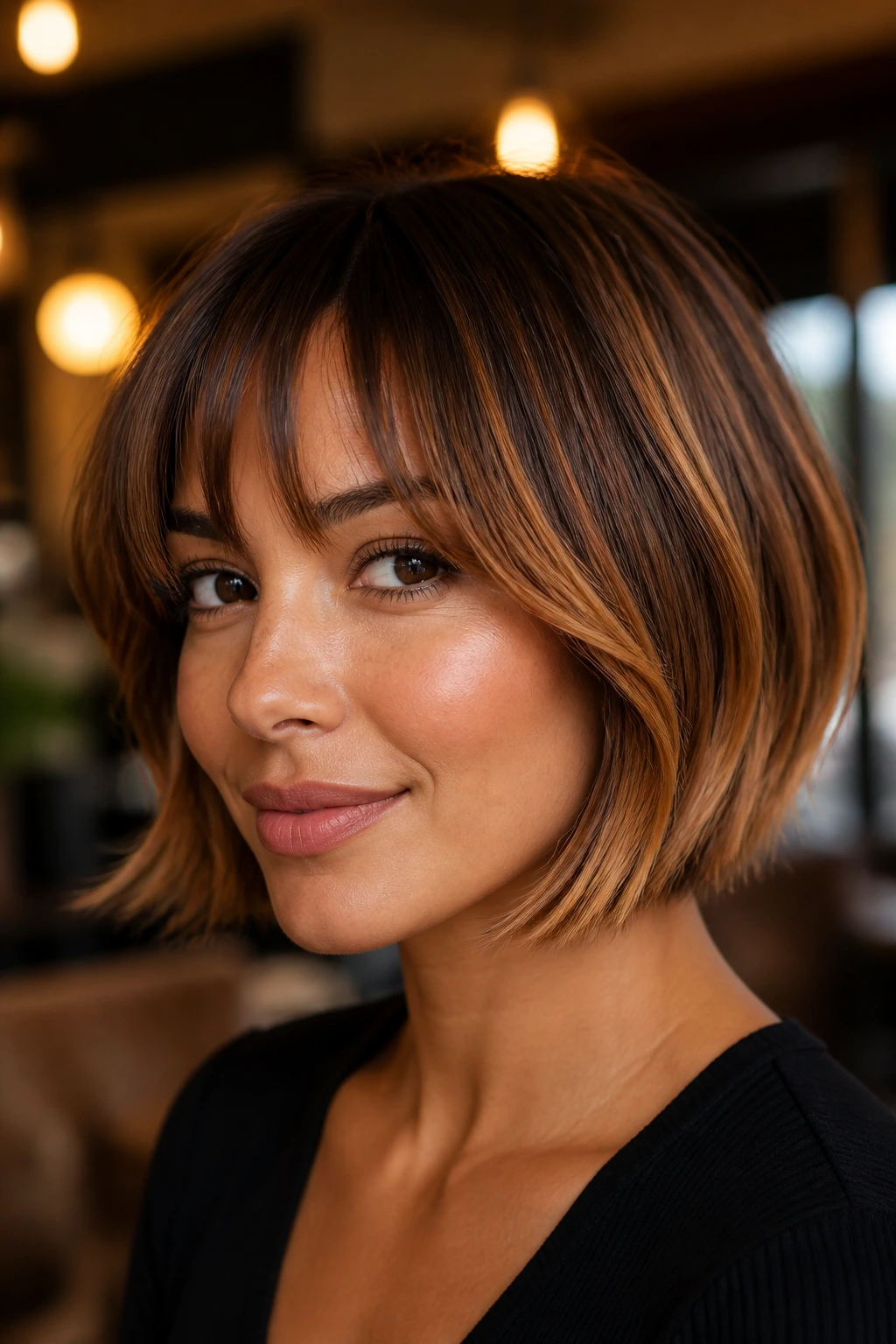 Close-up of real woman with amber balayage on a French bob