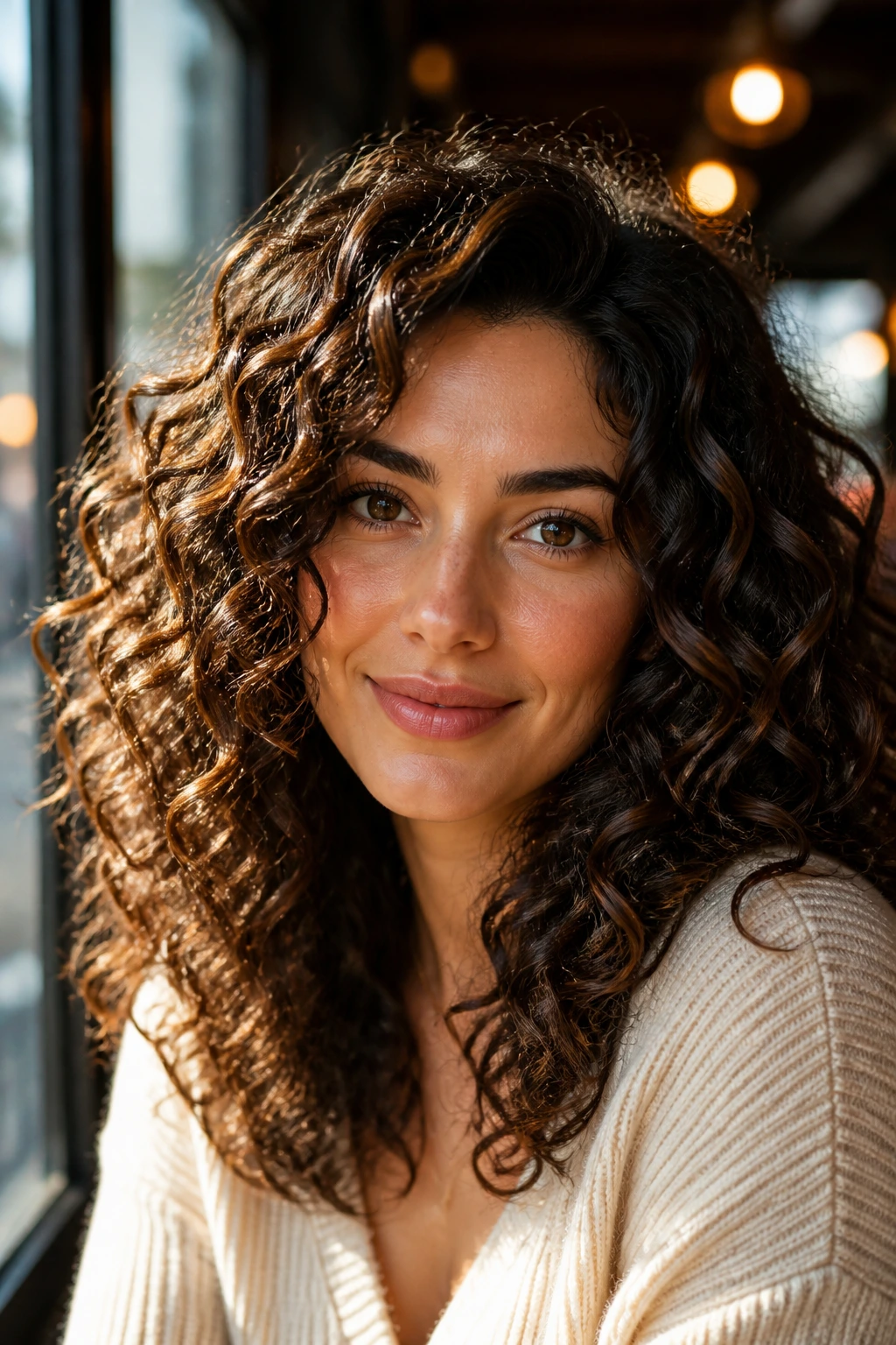 Portrait of a woman with chocolate curls and amber gloss highlights
