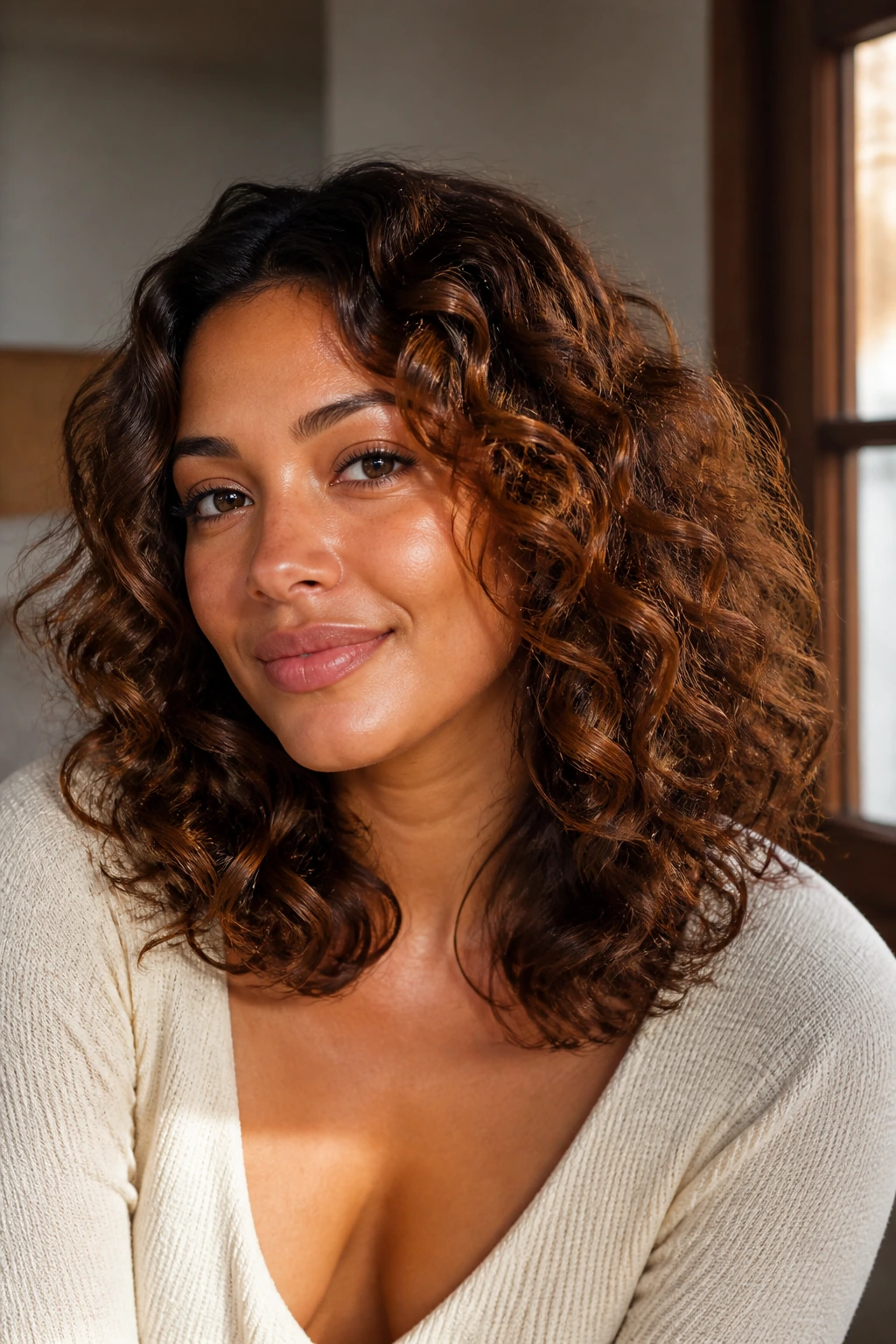 Close-up portrait of a real person with amber gloss on mid-length curls
