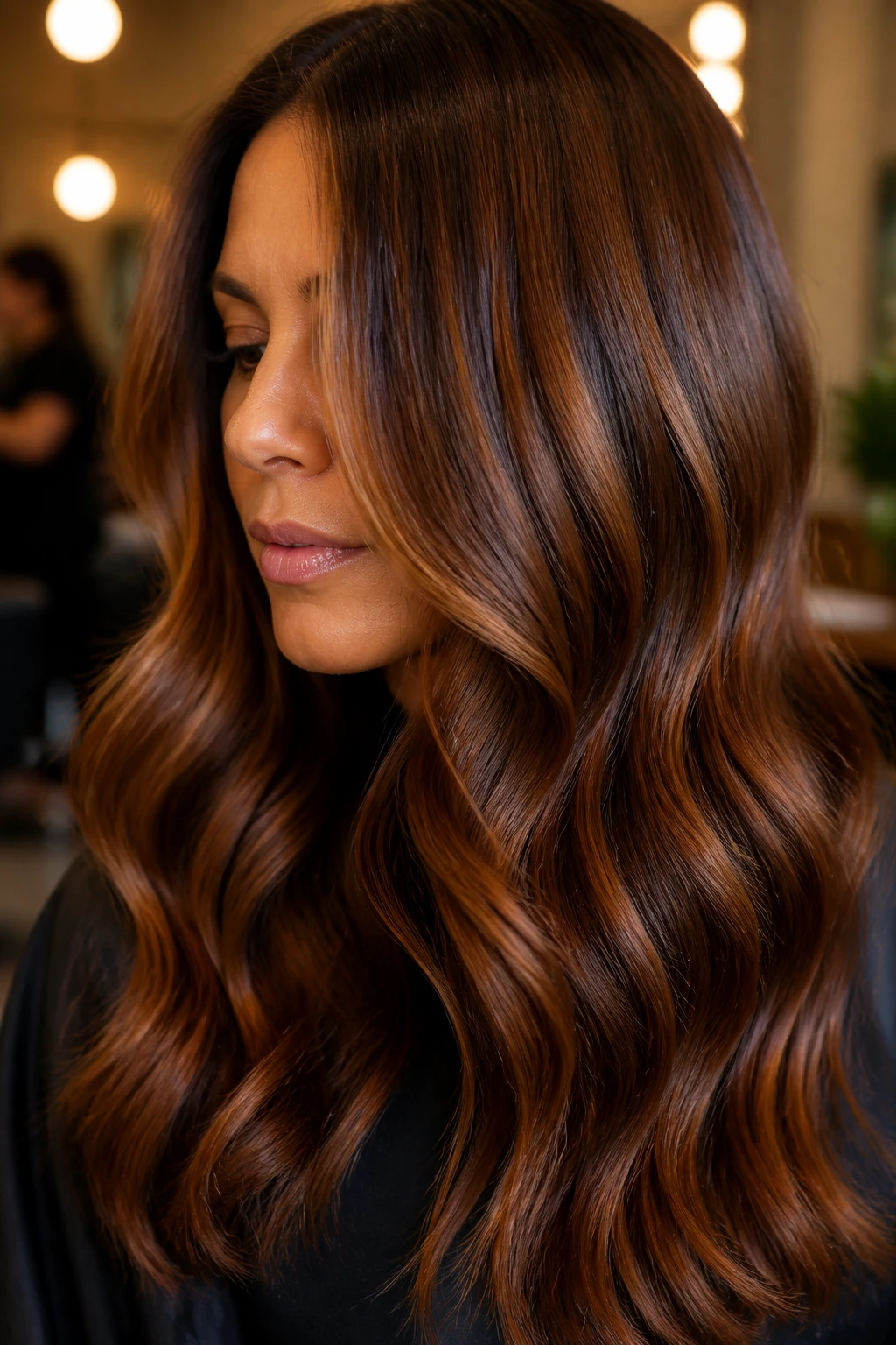 Close-up of real person with amber gloss hair catching light