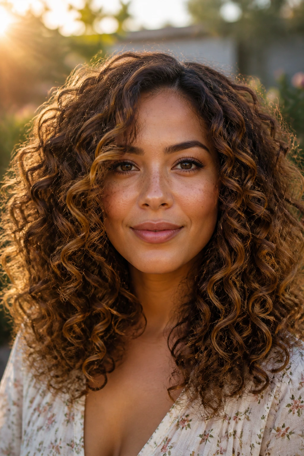 Close-up of amber glow balayage on warm-toned curls with amber ribbons in golden hour light