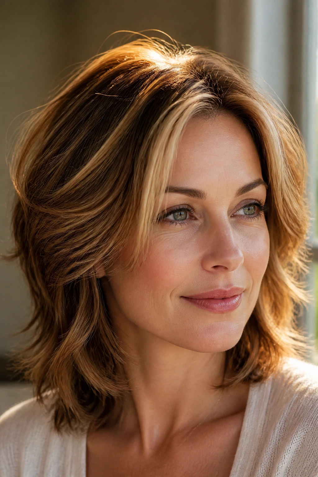 Close-up portrait of a real woman with Amber Glow Around the Crown hair