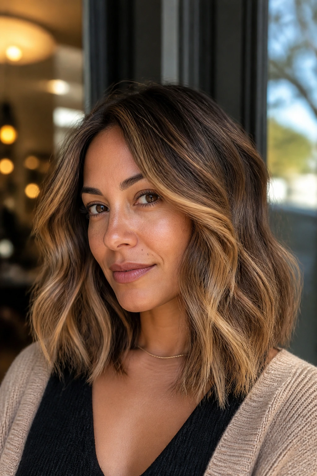 Real woman with amber glow foilayage and bright mid-lengths