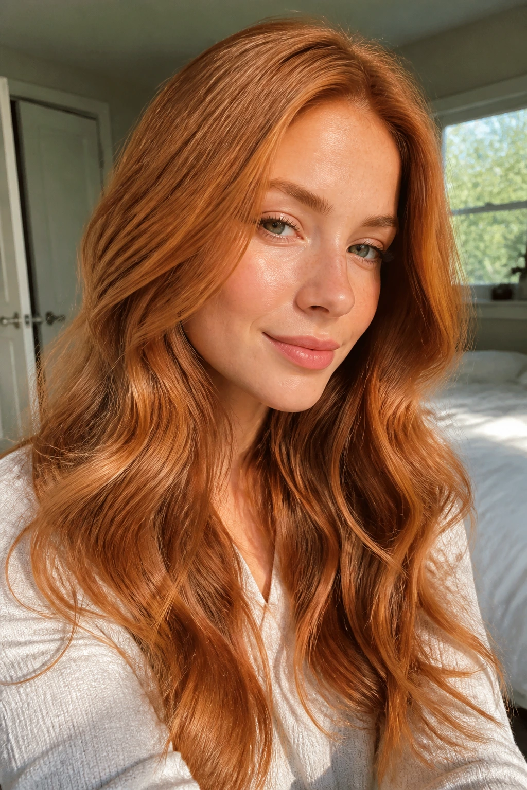 Close-up portrait of a real woman with Amber Glow Strawberry Blonde hair in natural daylight