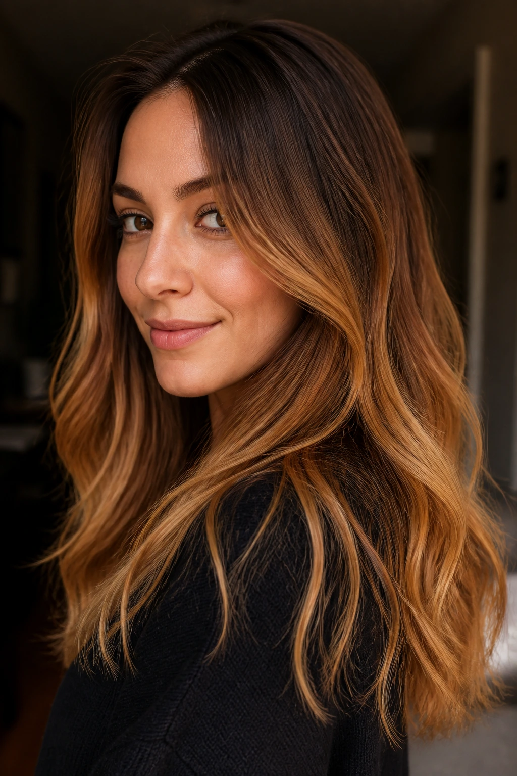 Close-up of amber gold sombré balayage with soft root shadow and warm gradient.