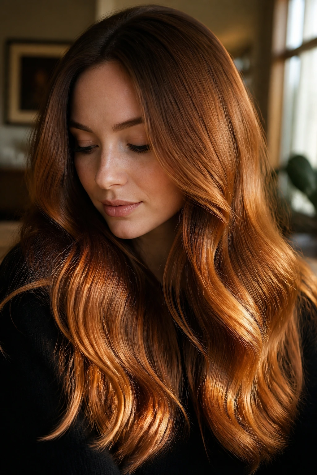 Portrait of a person with long hair showing glossy amber ends and soft root shading
