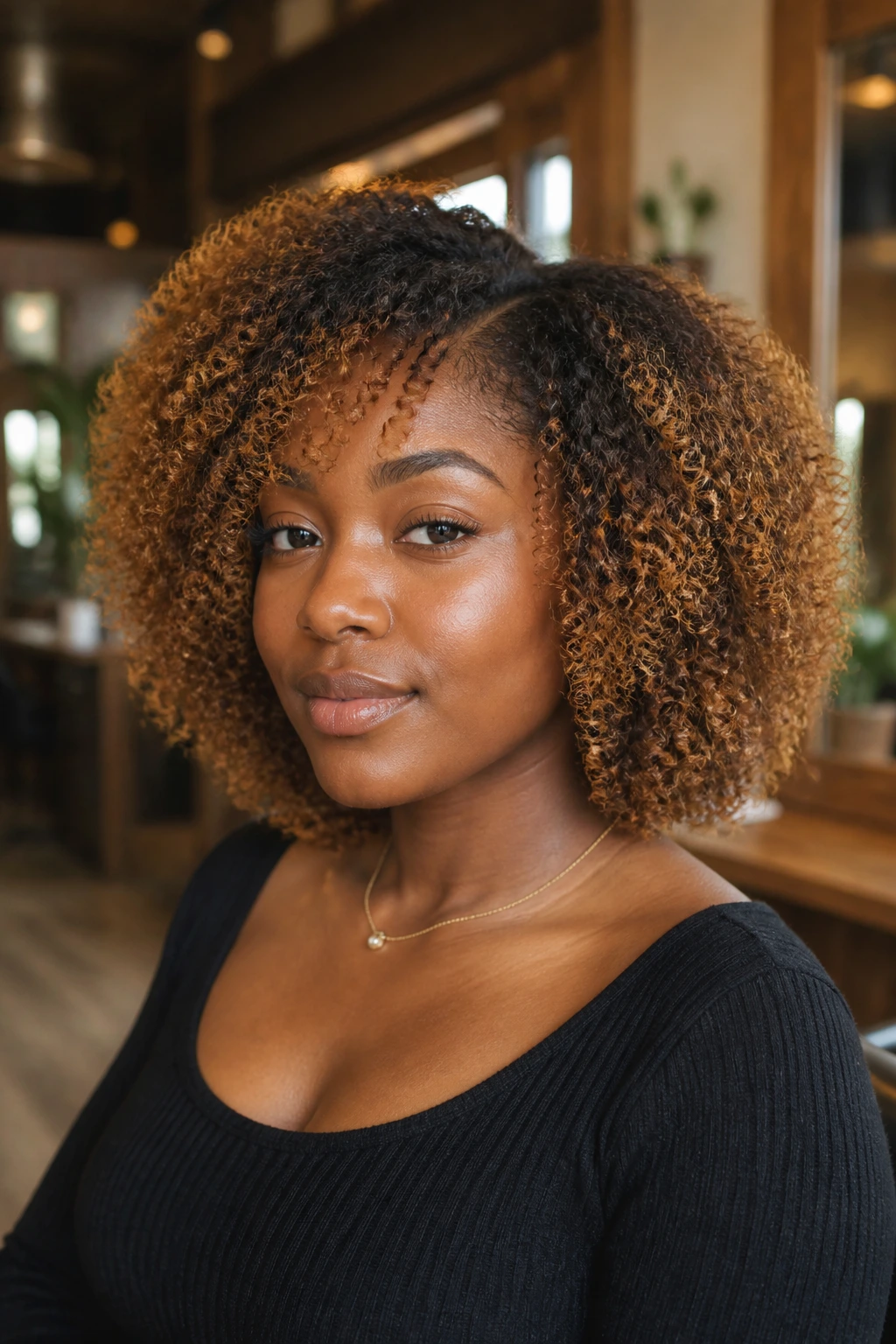 Close-up of amber halo balayage on natural curls on deep skin