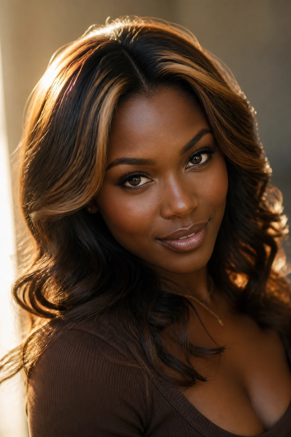 Close-up of a real woman with deep skin tone showing an amber halo around the crown.