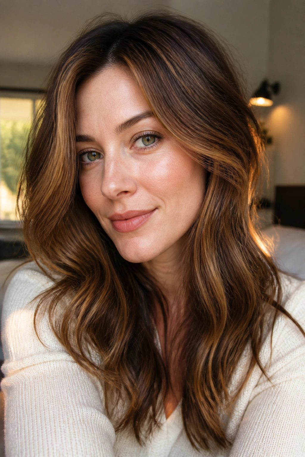 Portrait of woman with brown amber highlights in soft waves by a window