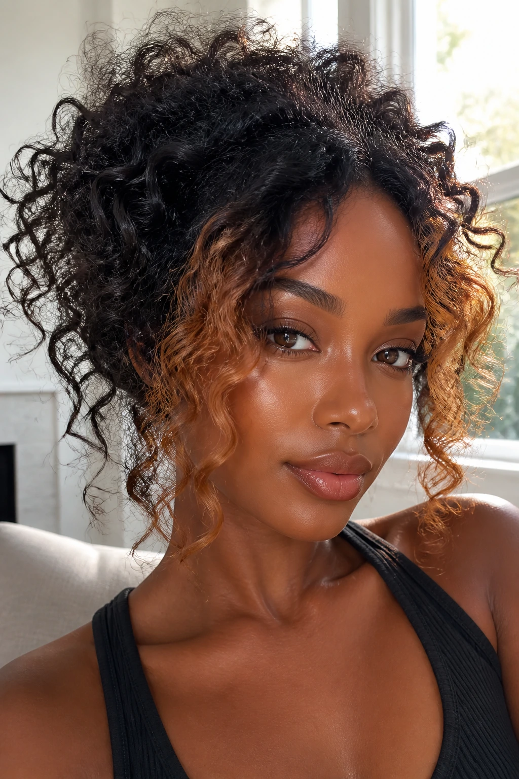 Face-framing amber highlights around the cheekbones on curly hair