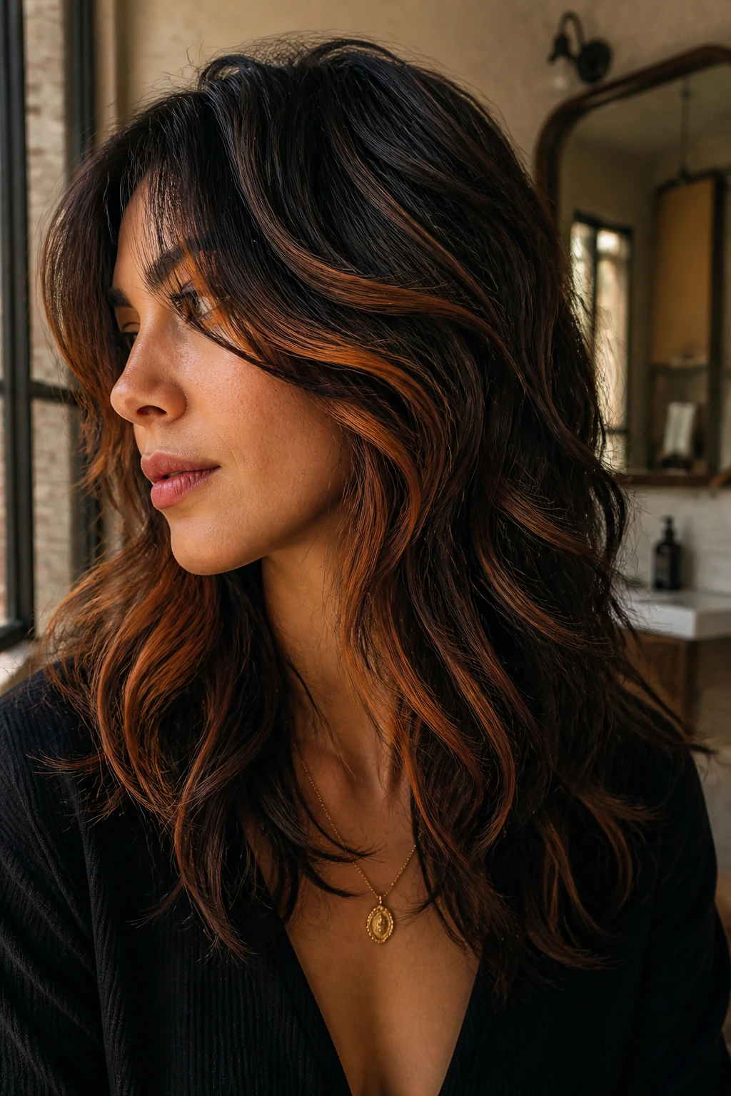 Close-up of a real woman with layered shag and sliced amber highlights in motion