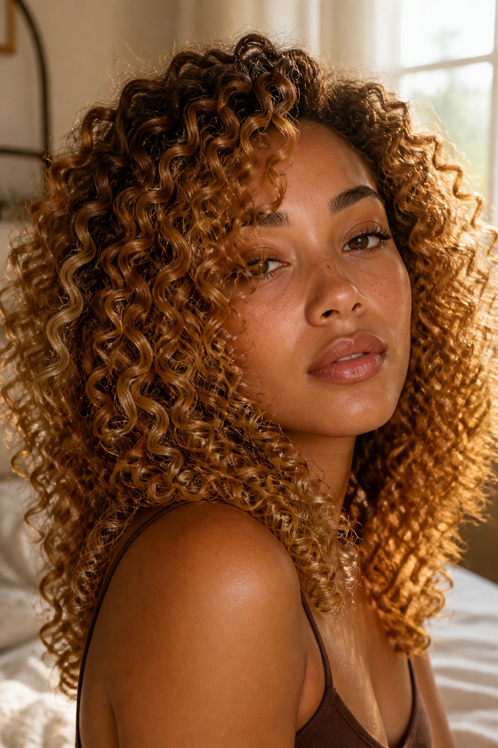 Close-up of a real woman with amber honey curls in soft natural window light.