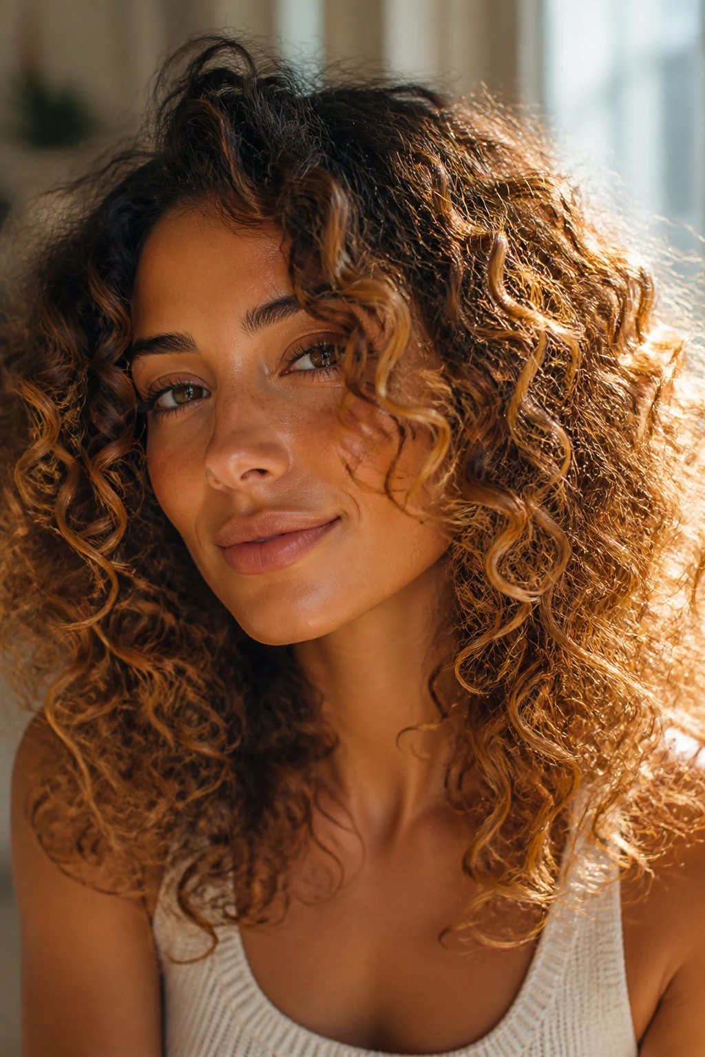 Curly hair with amber honey halo on a real woman