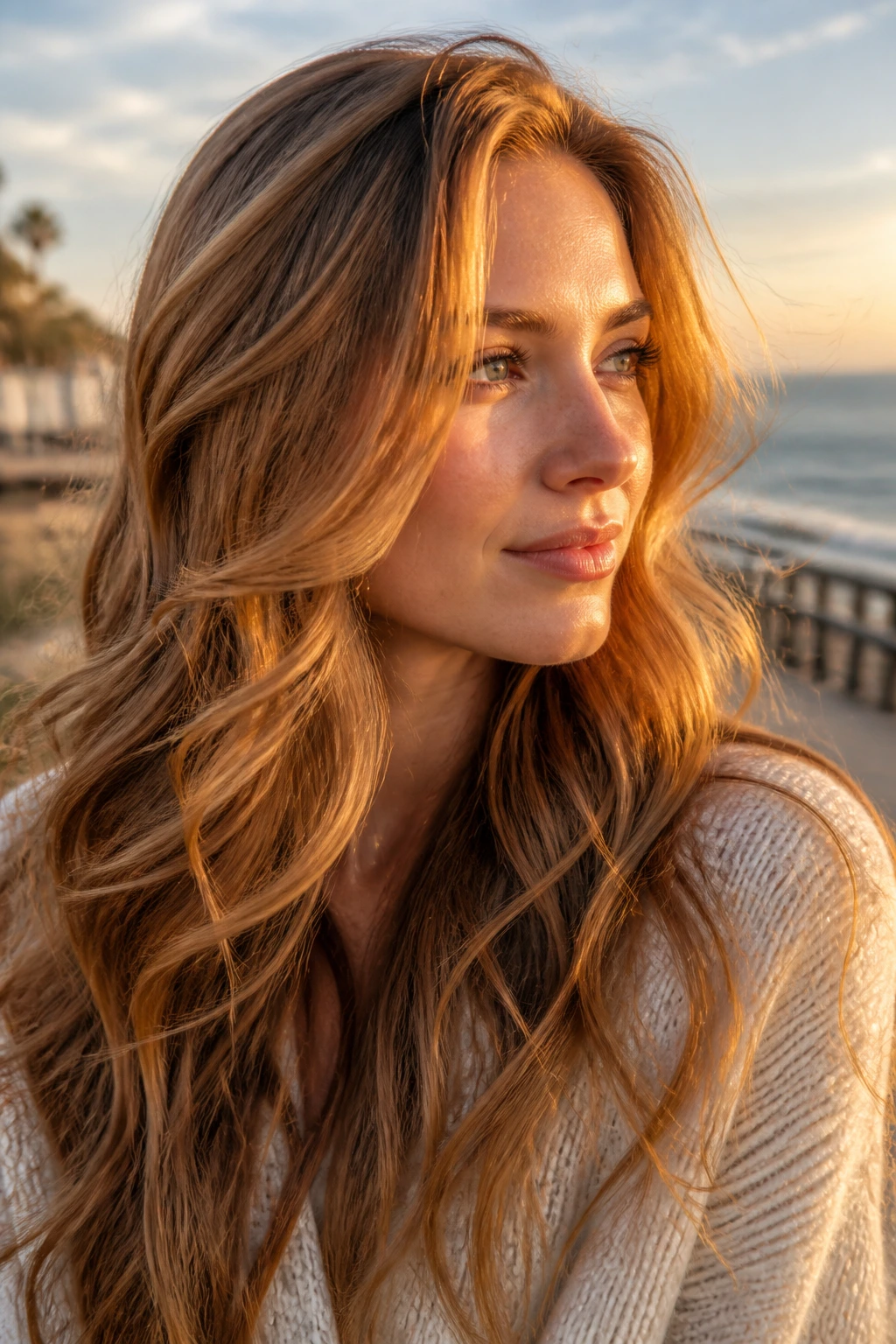 Close-up of a real woman with amber honey waves in golden hour sun