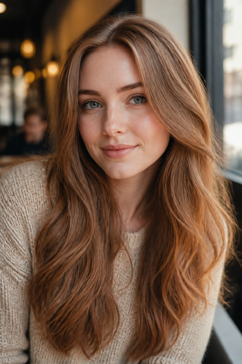 Close-up portrait of a real woman with Amber Latte Brown hair, creamy warmth