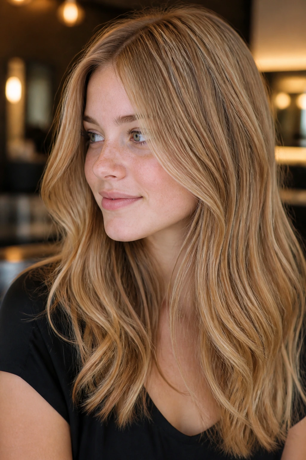 Portrait of a woman with amber baby lights and fine highlights
