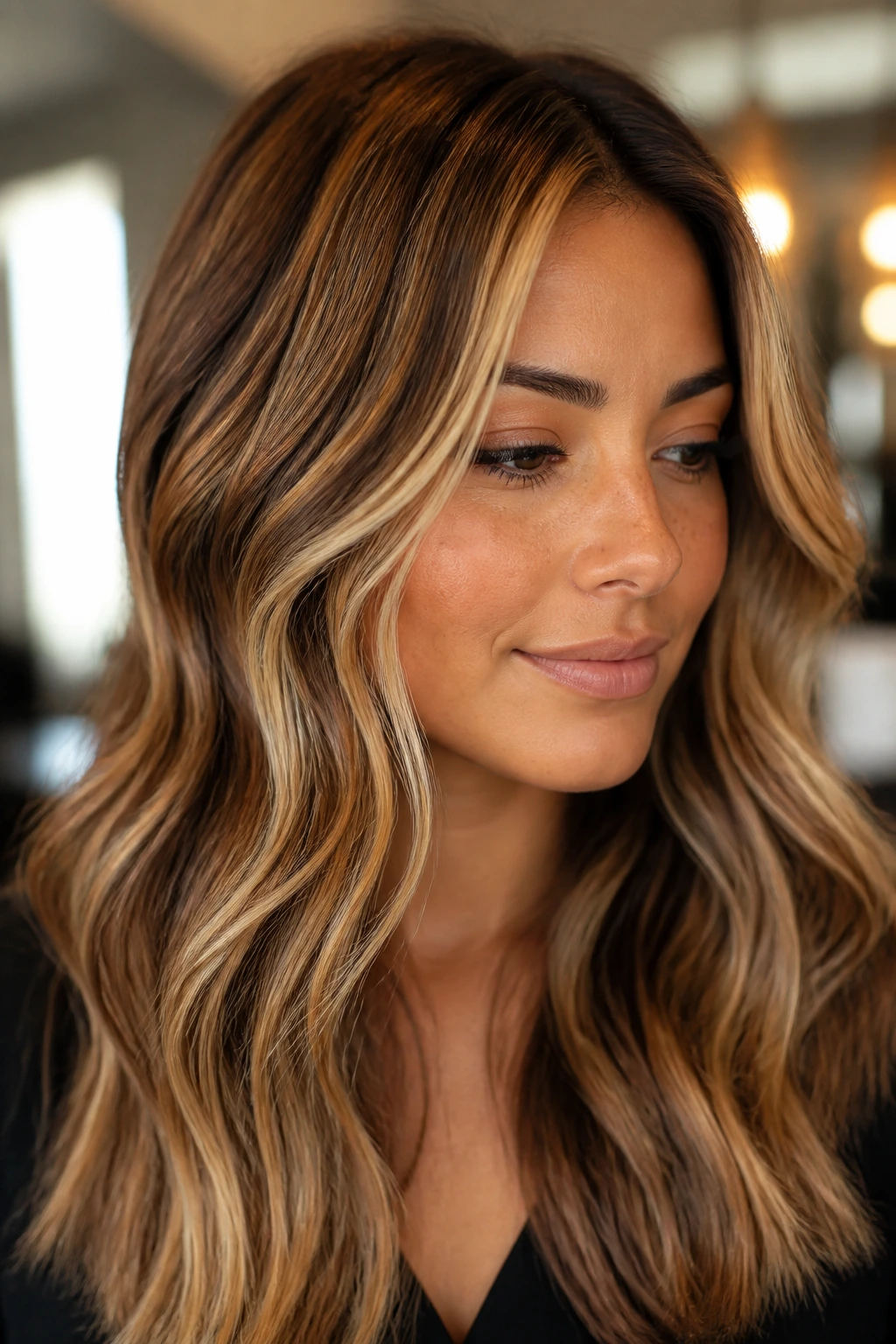 Portrait of a person with amber lowlights adding depth to honey highlights