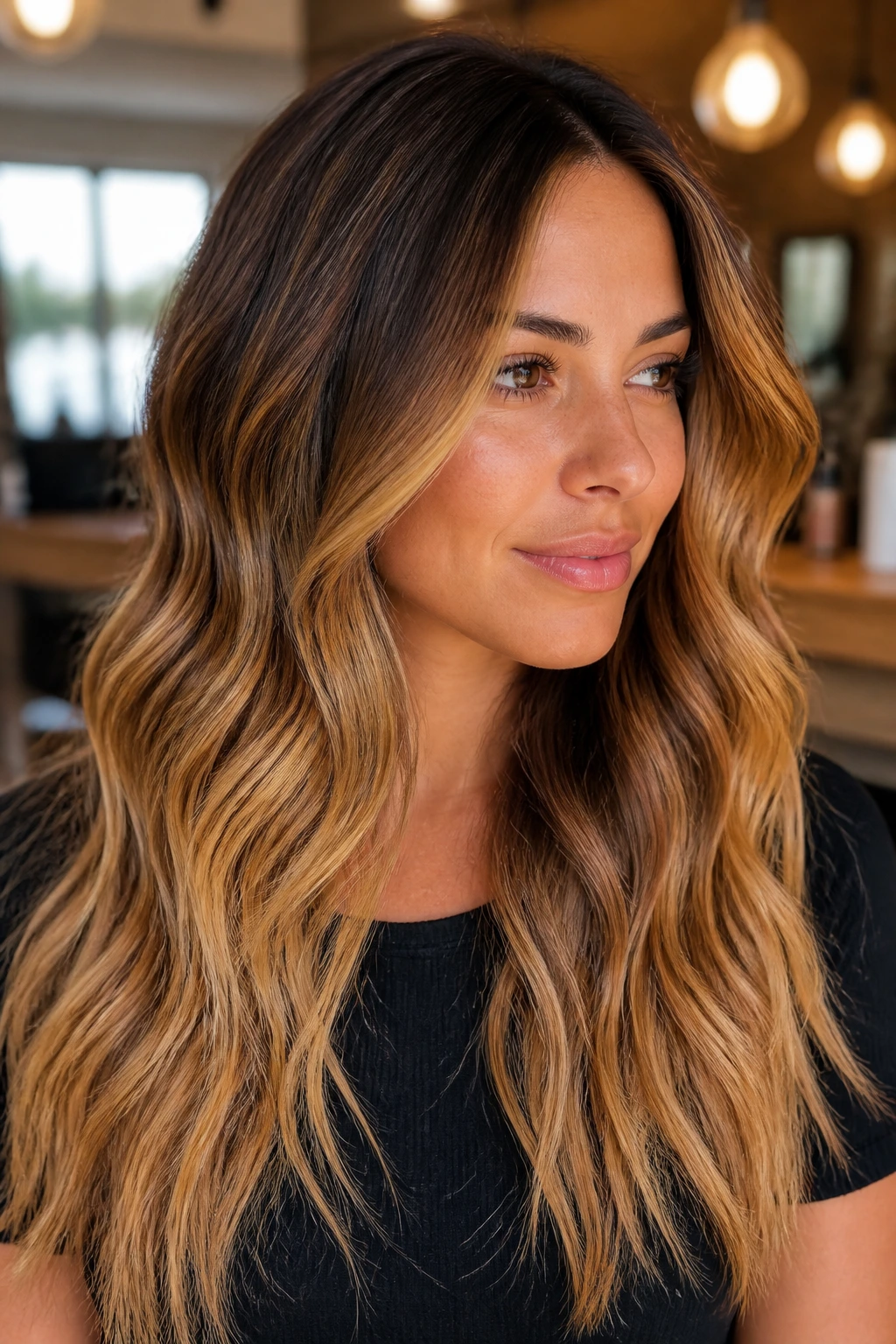 Close-up of amber melt balayage on long hair