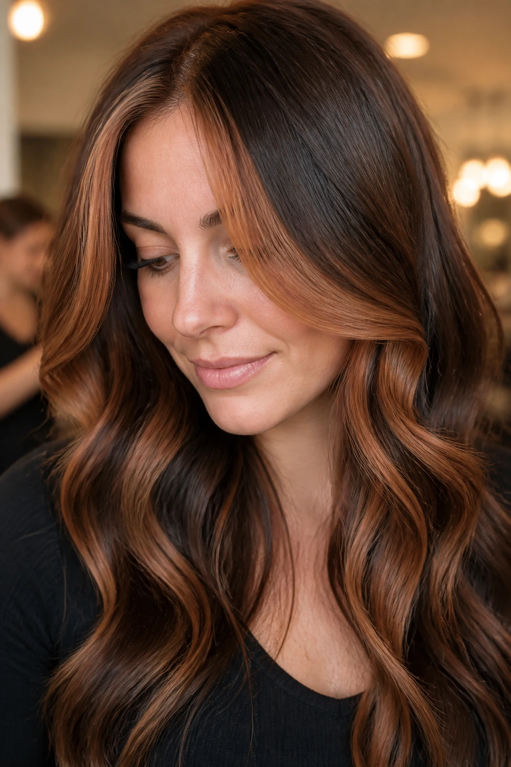 Close-up of real person with amber money piece front sections against dark brown hair