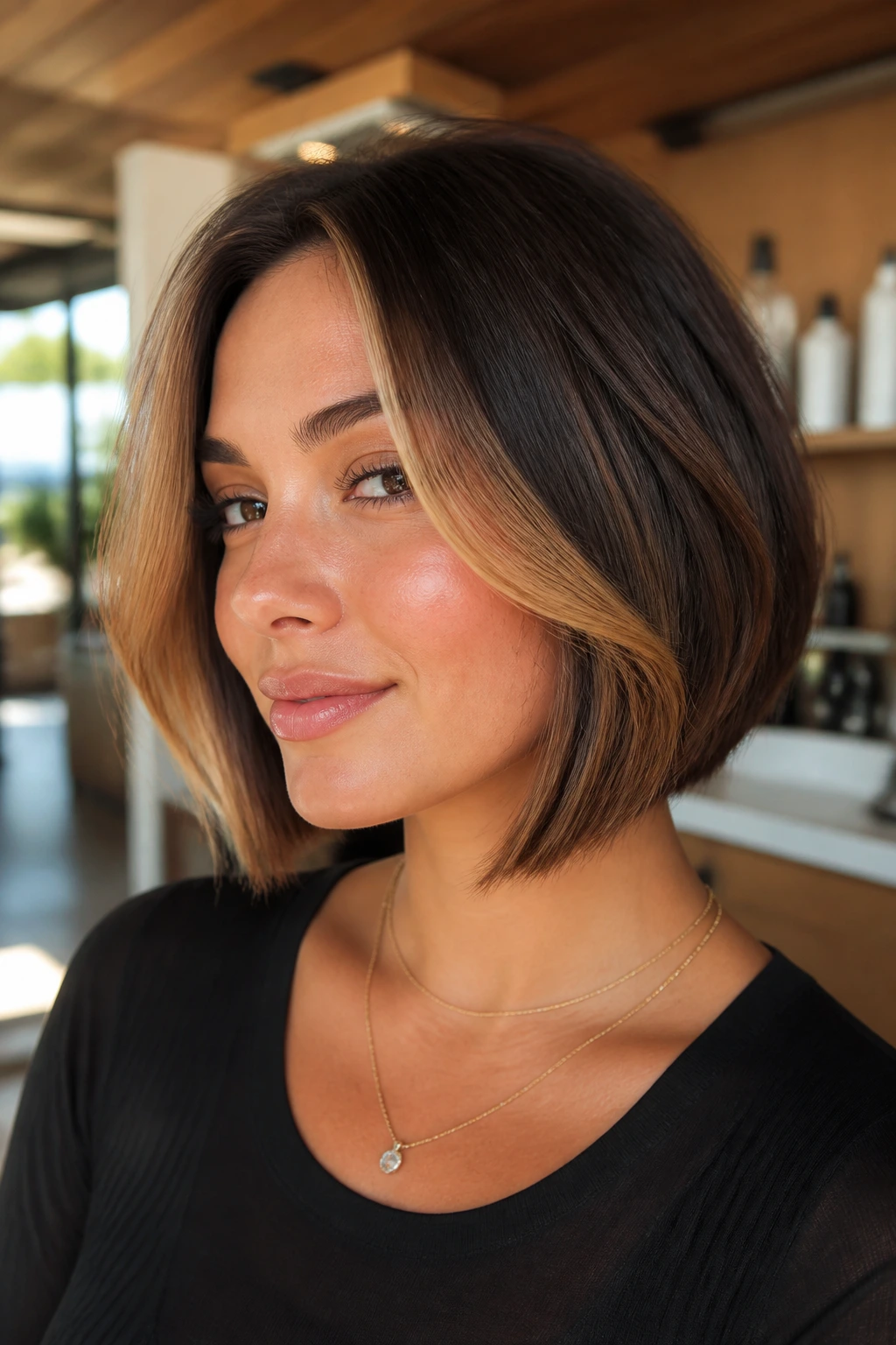 Close-up of a woman with an amber money-piece bob highlighting the cheekbones in a warm salon setting