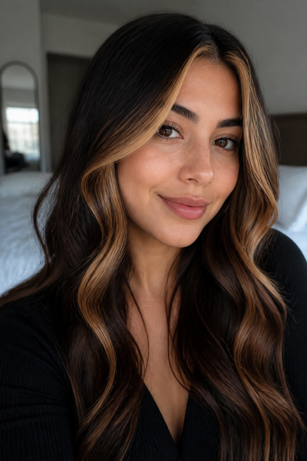 Close-up of brunette with Amber Money Piece face-framing amber-gold highlights