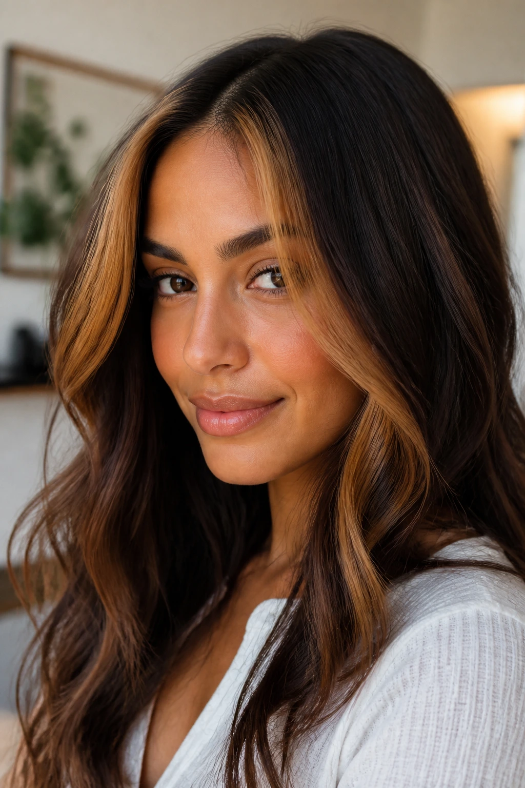 Close-up portrait of a real person with amber face-framing pieces in brunette hair